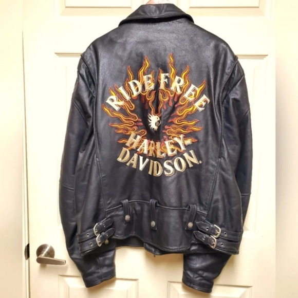 Harley Davidson Vintage Flame Ride Free Leather Jacket Size2XL RARE SIZE